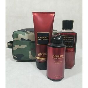 Bath & Body Works Mens Collection Bourbon 4 pcs Set Spray Lotion Shower Gel Bag